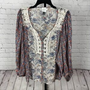HD in Paris Anthropologie Sheer Floral Lace Boho Long Sheer Top Size 8